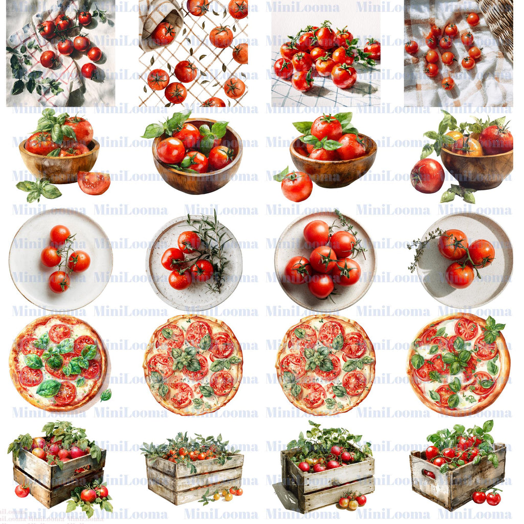 122 Watercolor Tomato Clipart Bundle: Kitchen Art, Recipe Illustration (Transparent PNG)