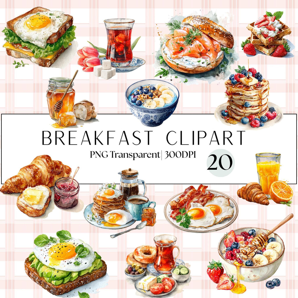20 Breakfast Clipart | Croissant, Pancakes, Waffles, Coffee & Tea, Avocado Toast | PNG Transparent