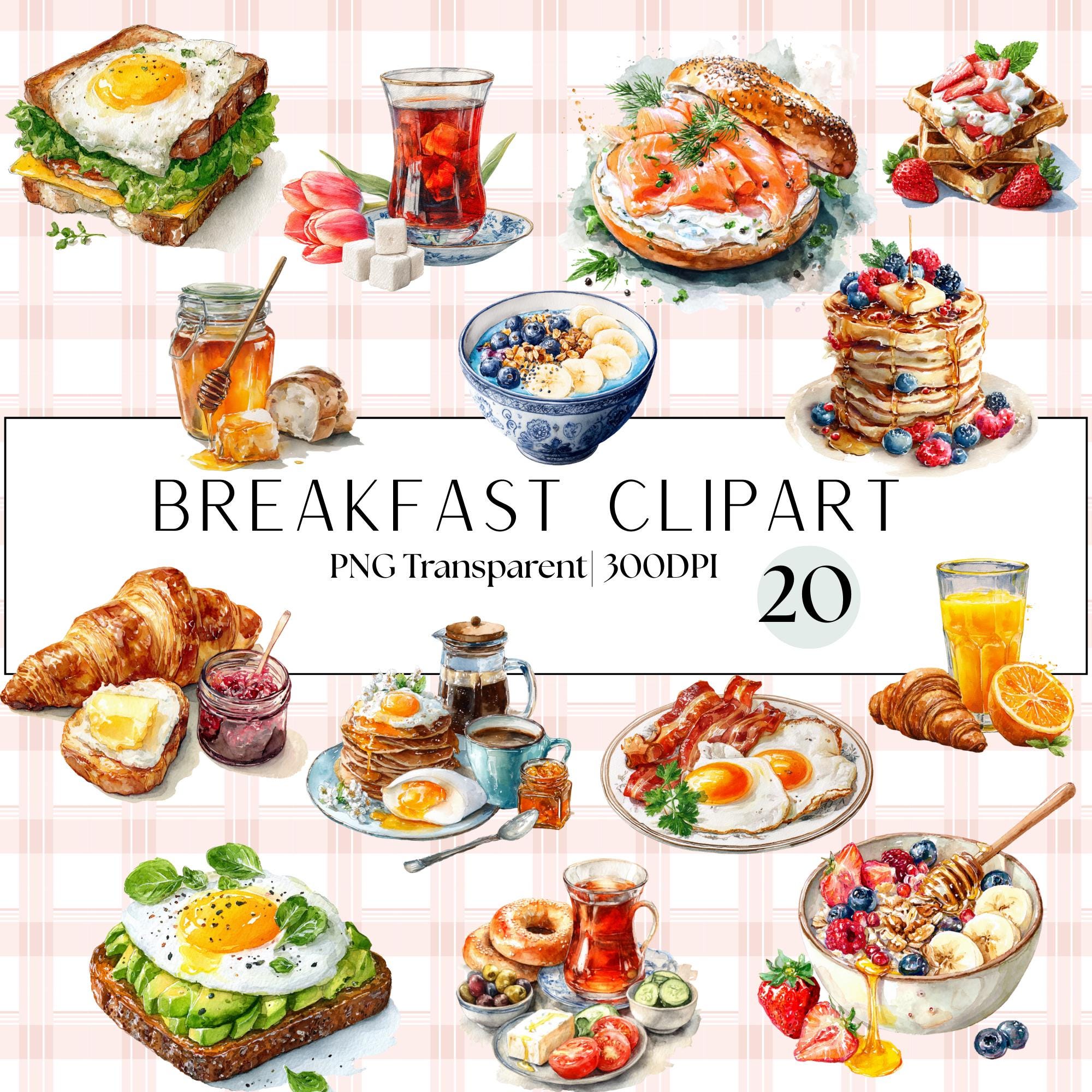 20 Breakfast Clipart | Croissant, Pancakes, Waffles, Coffee & Tea, Avocado Toast | PNG Transparent
