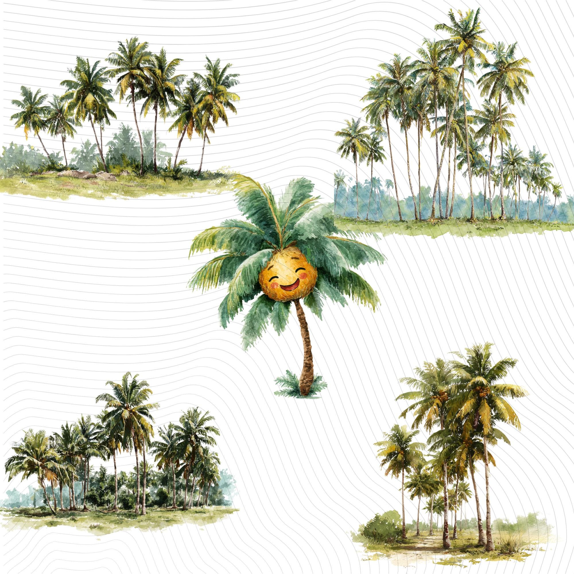 30 Coconut Tree Clipart Bundle: Watercolor Tropical Illustrations (PNG)