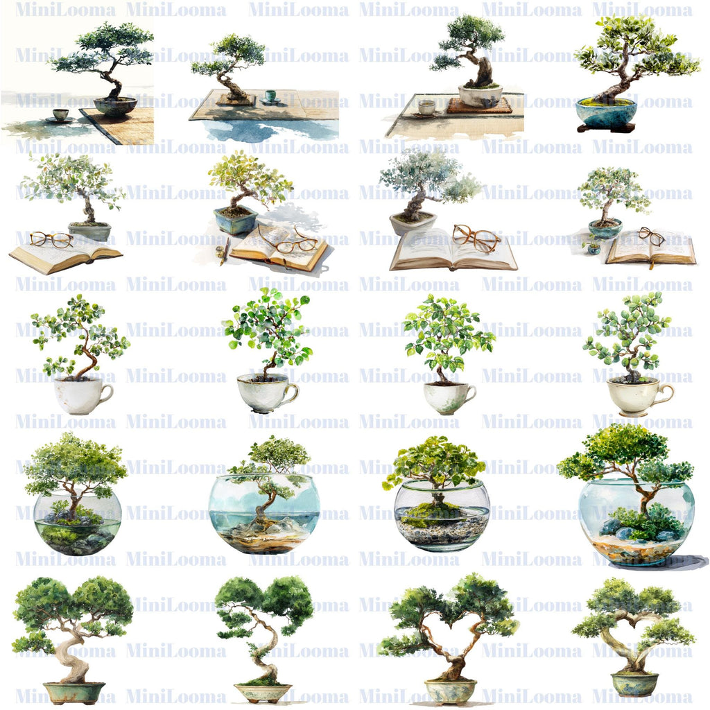120 Watercolor Bonsai Tree Clipart Bundle: Japanese Garden Art (Transparent PNG)