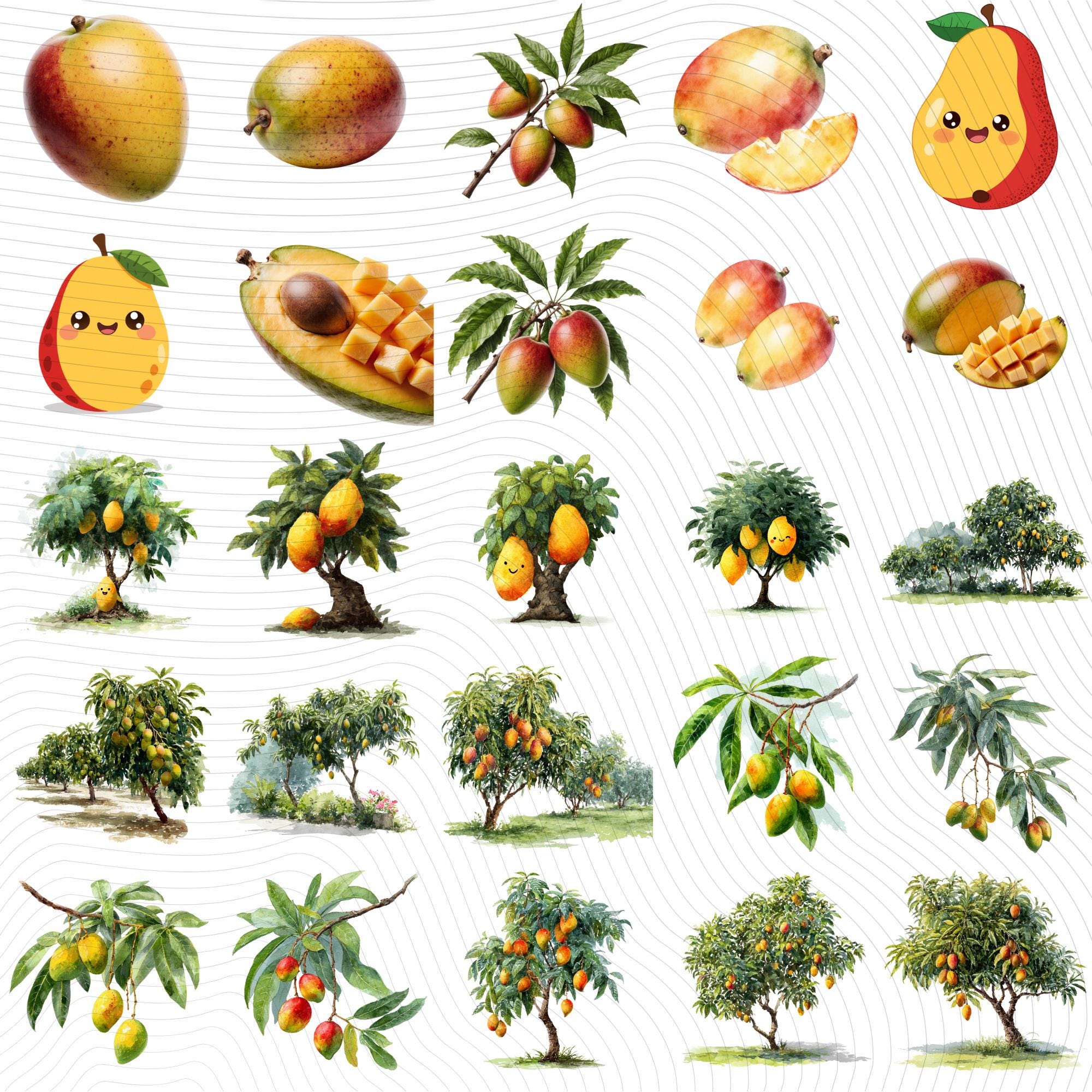 30 Mango Tree Clipart Bundle | Tropical Citrus Tree Transparent PNG