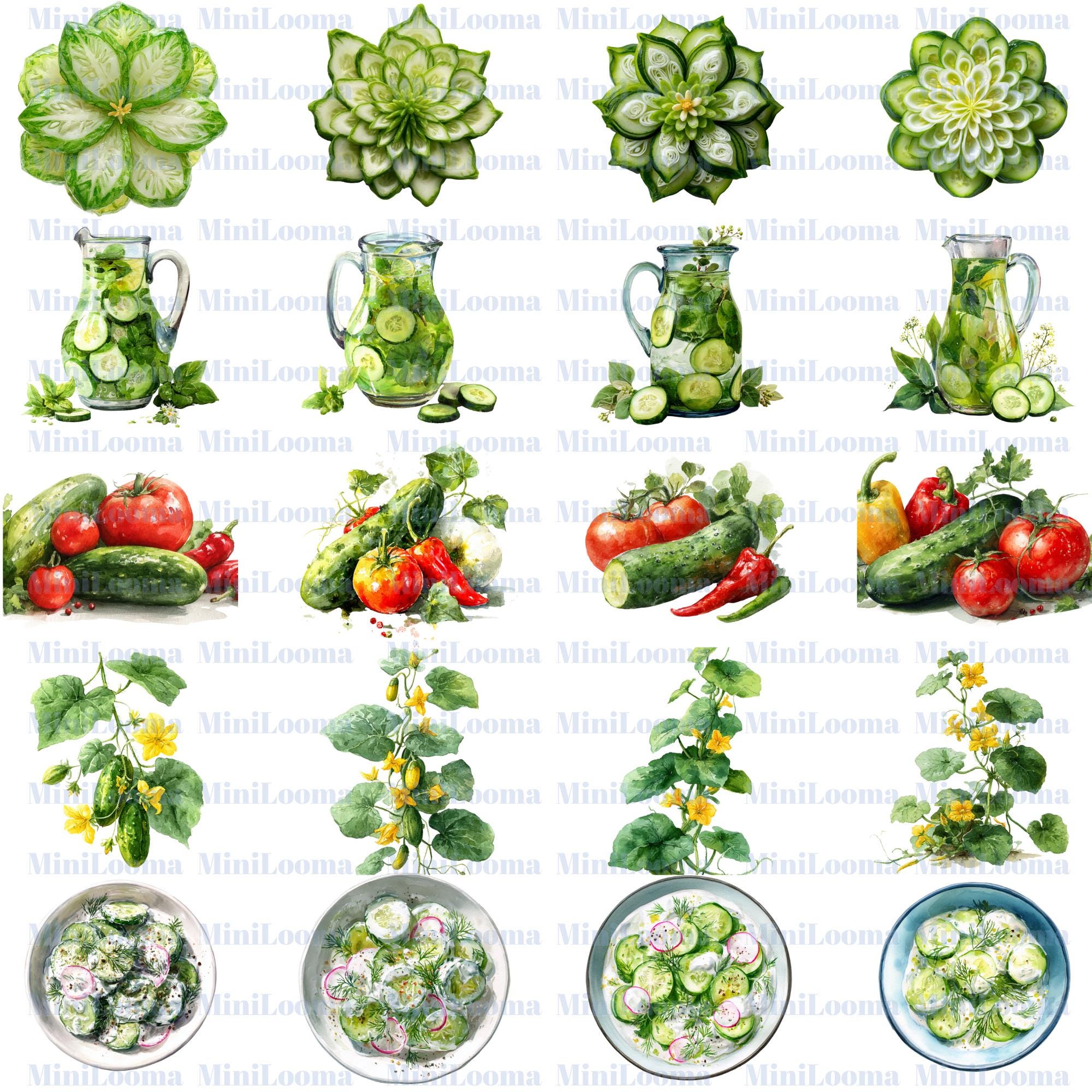 120 Cucumber Watercolor Clipart: Kitchen Art, Recipe Cards (PNG Transparent)