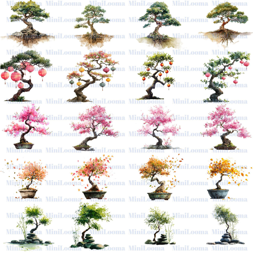 120 Watercolor Bonsai Tree Clipart Bundle: Japanese Garden Art (Transparent PNG)