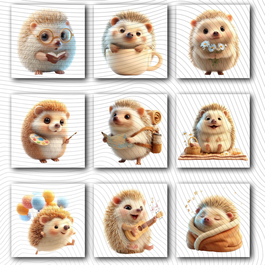 20 Quirky Hedgehog Clipart Set | Funny  Characters PNG Transparent Background| 300DPI
