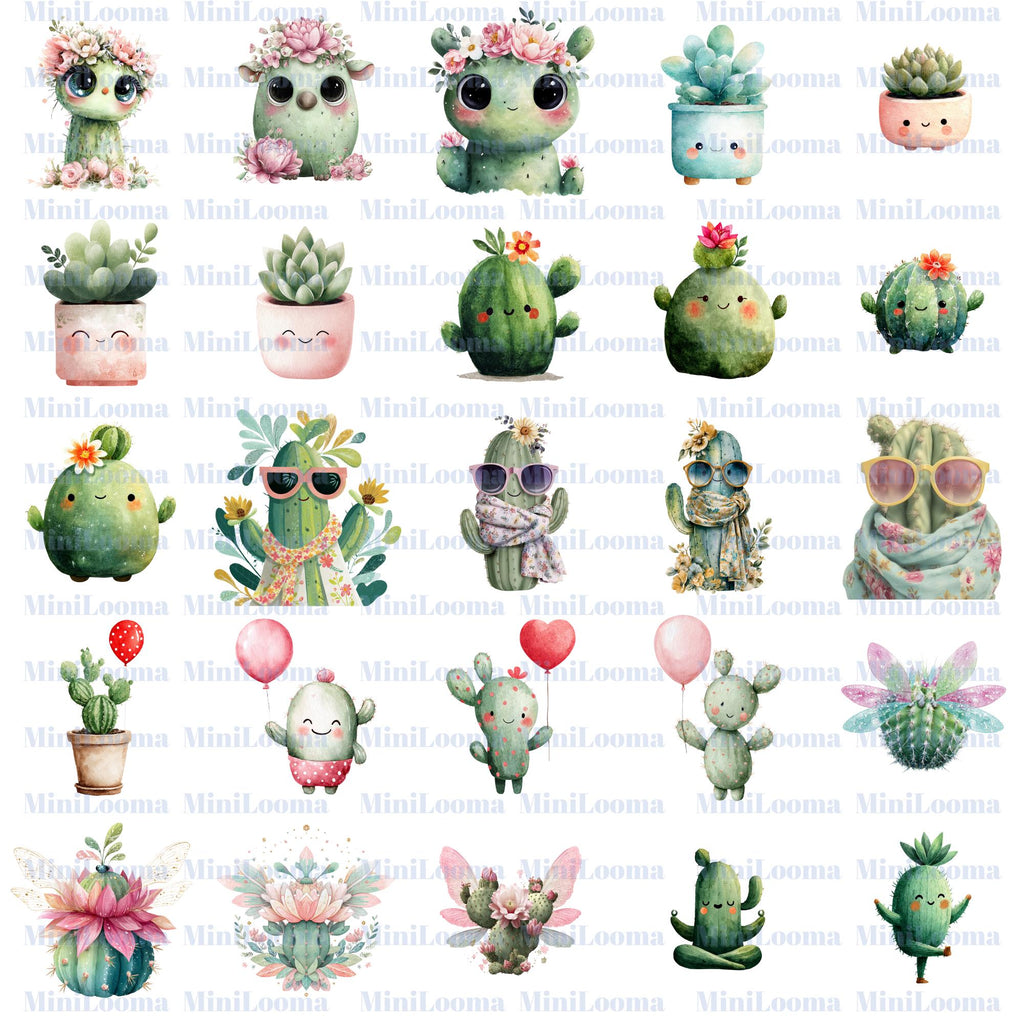 80 Kawaii Succulent - Cactus Clipart Bundle: Watercolor Plant Stickers (Transparent PNG)