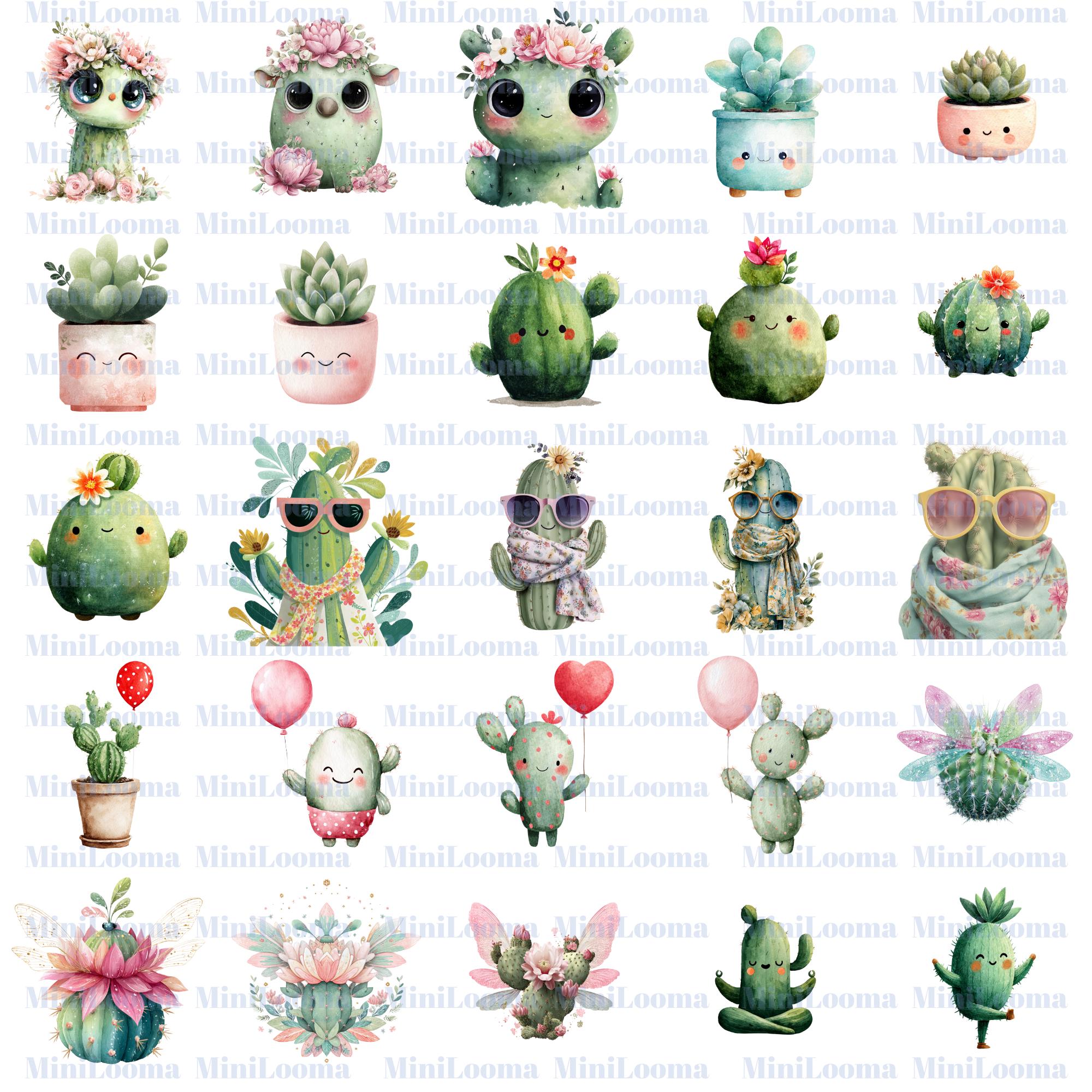 80 Kawaii Succulent - Cactus Clipart Bundle: Watercolor Plant Stickers (Transparent PNG)