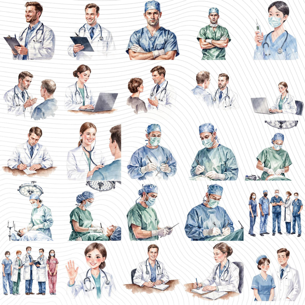 56 Doctor Profession Watercolor Clipart Set | Realistic Medical PNG | Transparent Background