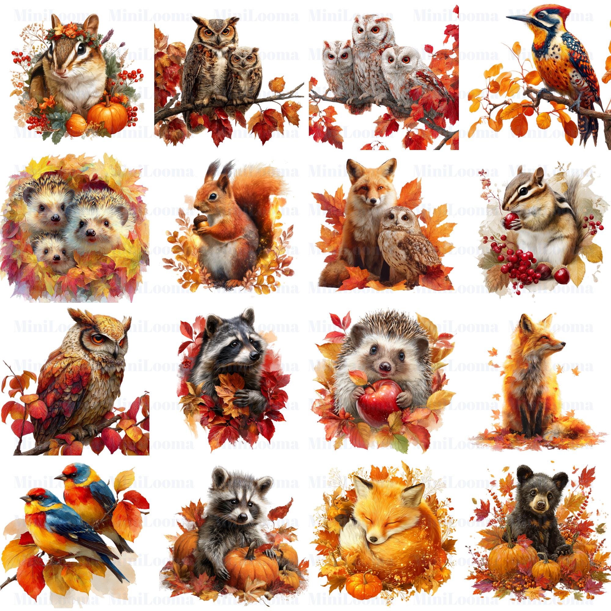 17 Autumn Animals Clipart Bundle: Knitted Crochet Style (Transparent PNG+PDF Digital Download)