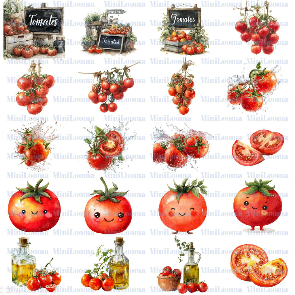 122 Watercolor Tomato Clipart Bundle: Kitchen Art, Recipe Illustration (Transparent PNG)