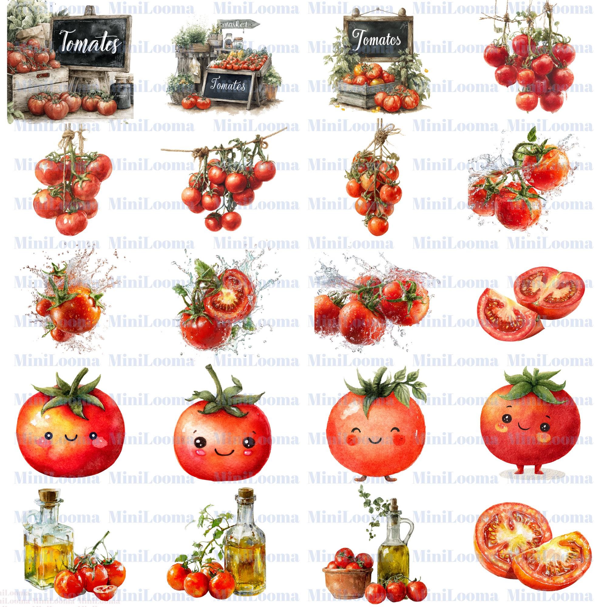 122 Watercolor Tomato Clipart Bundle: Kitchen Art, Recipe Illustration (Transparent PNG)