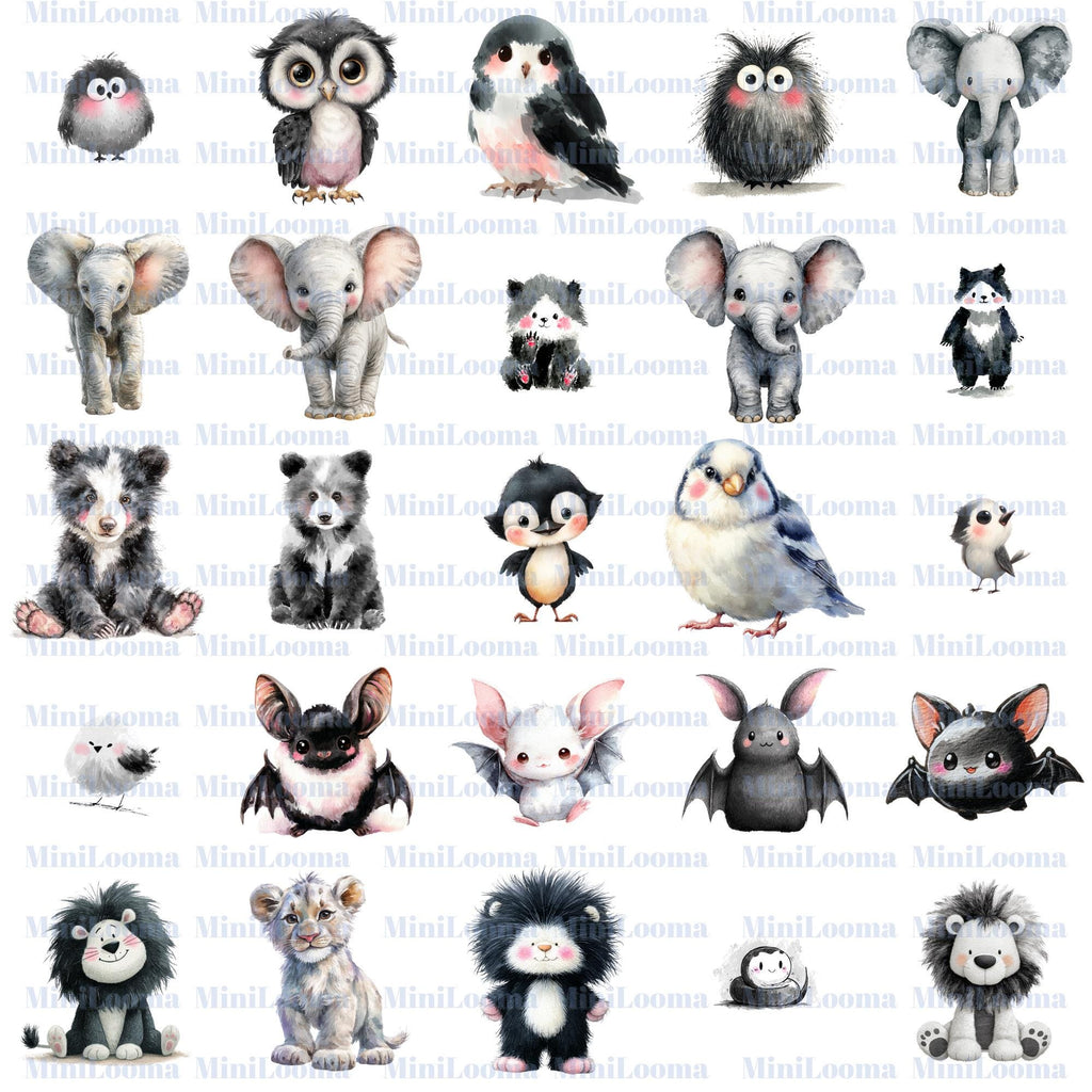 120 Watercolor Baby Animal Clipart Bundle: Black and White Illustrations (Transparent PNG)