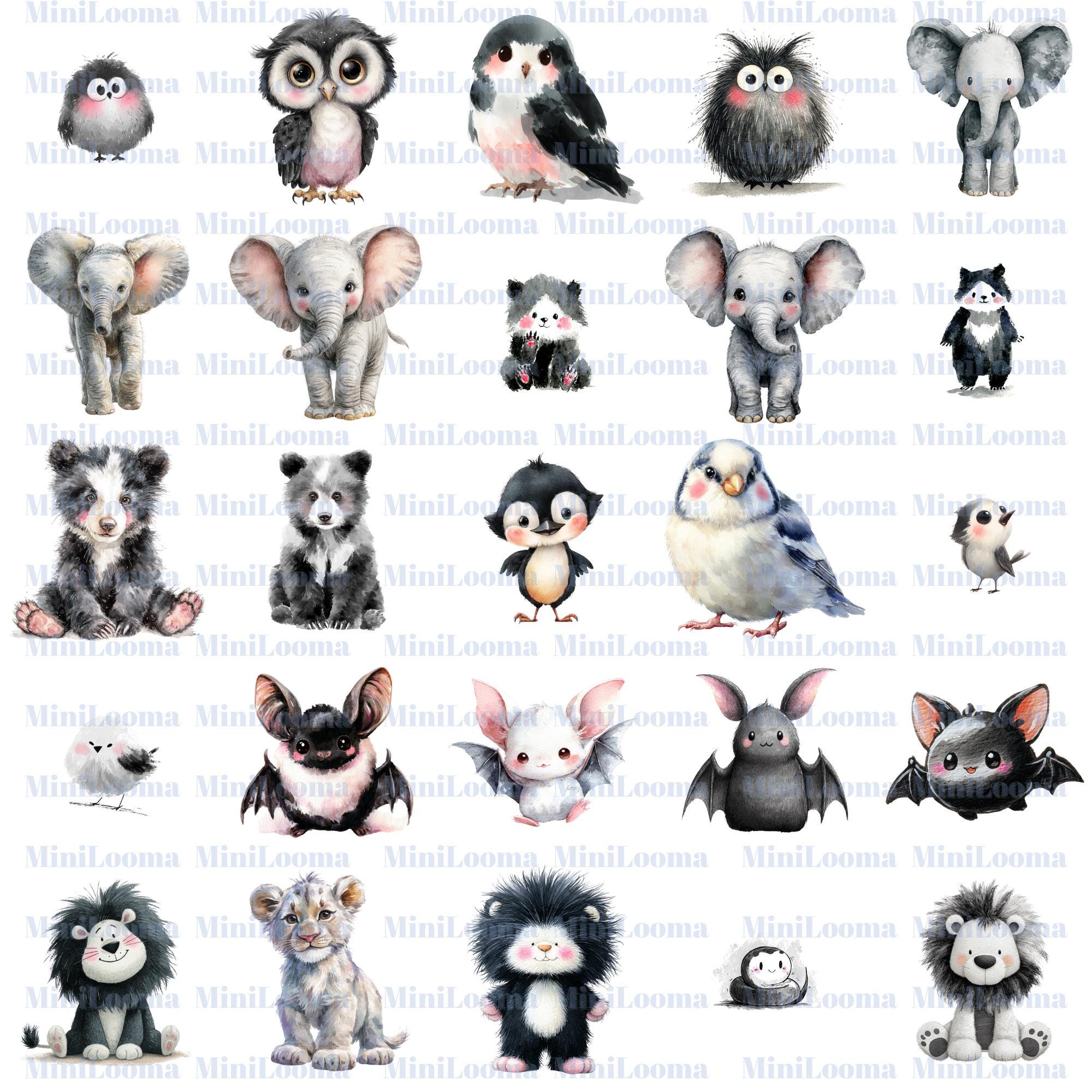 120 Watercolor Baby Animal Clipart Bundle: Black and White Illustrations (Transparent PNG)