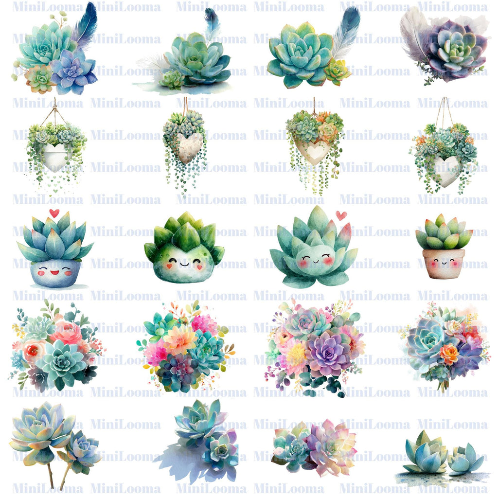 120 Succulent Clipart Bundle |Colorful Watercolor Succulents, Pots & Bouquets PNG Set |PNG  Transparent Background