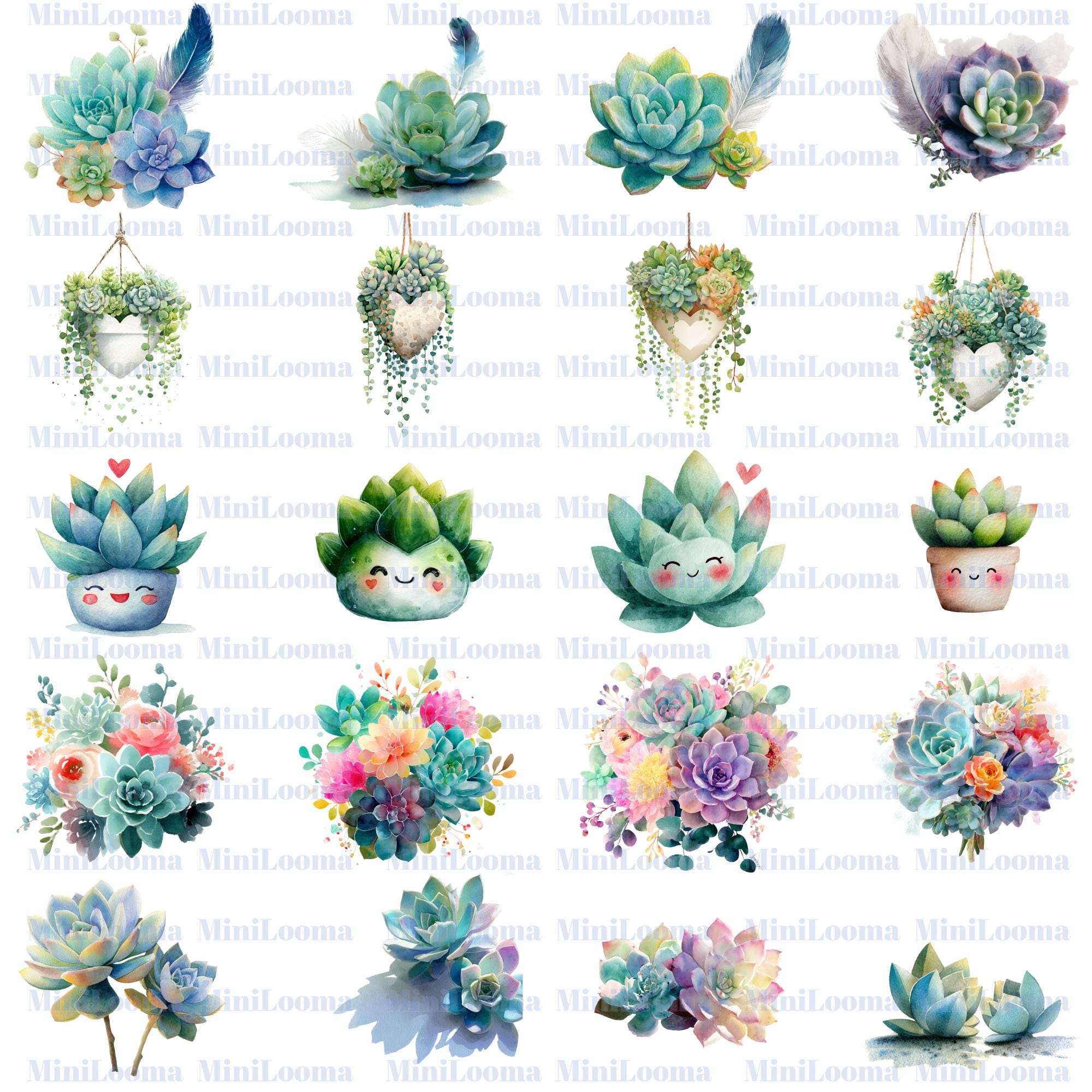 120 Succulent Clipart Bundle |Colorful Watercolor Succulents, Pots & Bouquets PNG Set |PNG  Transparent Background