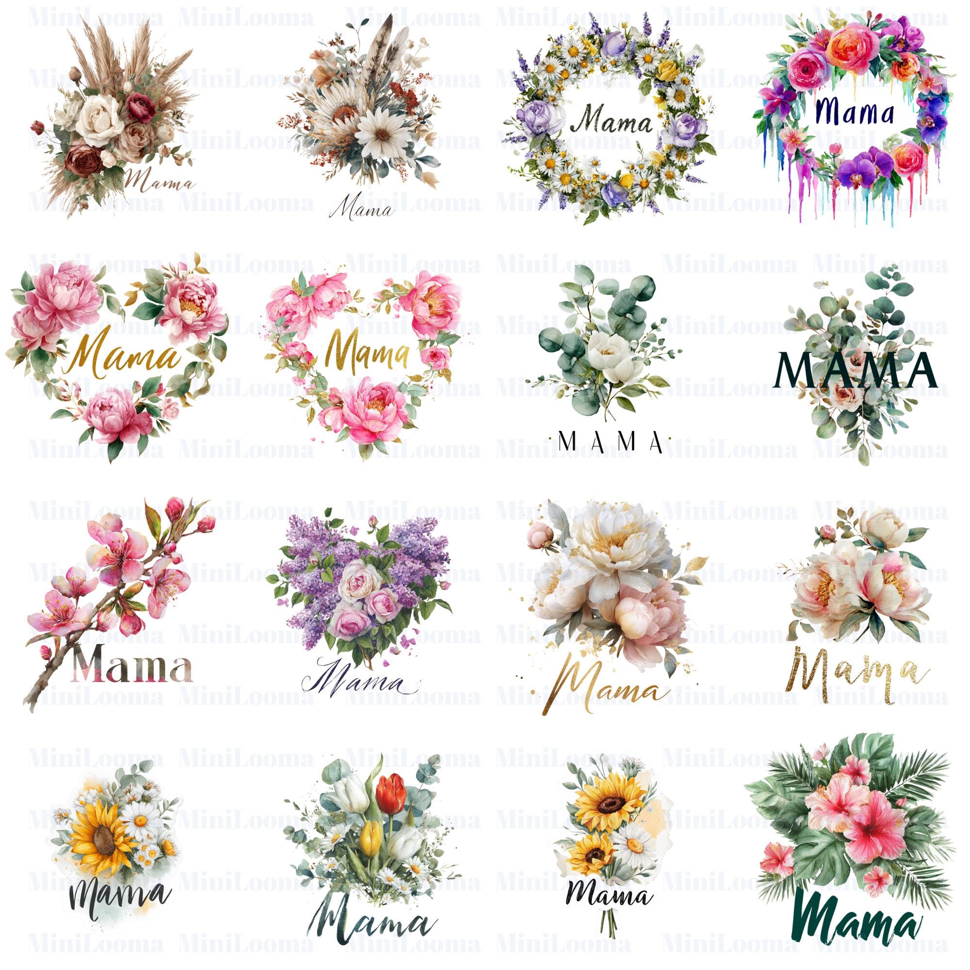 20 Watercolor Mama Floral Clipart Bundle: Sunflower, Rose, Peony (Transparent PNG)
