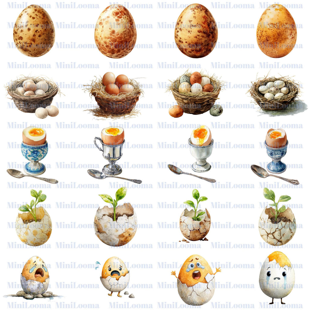 123 Watercolor Egg Clipart Set: Farm, Spring, Easter Designs (Transparent PNG)