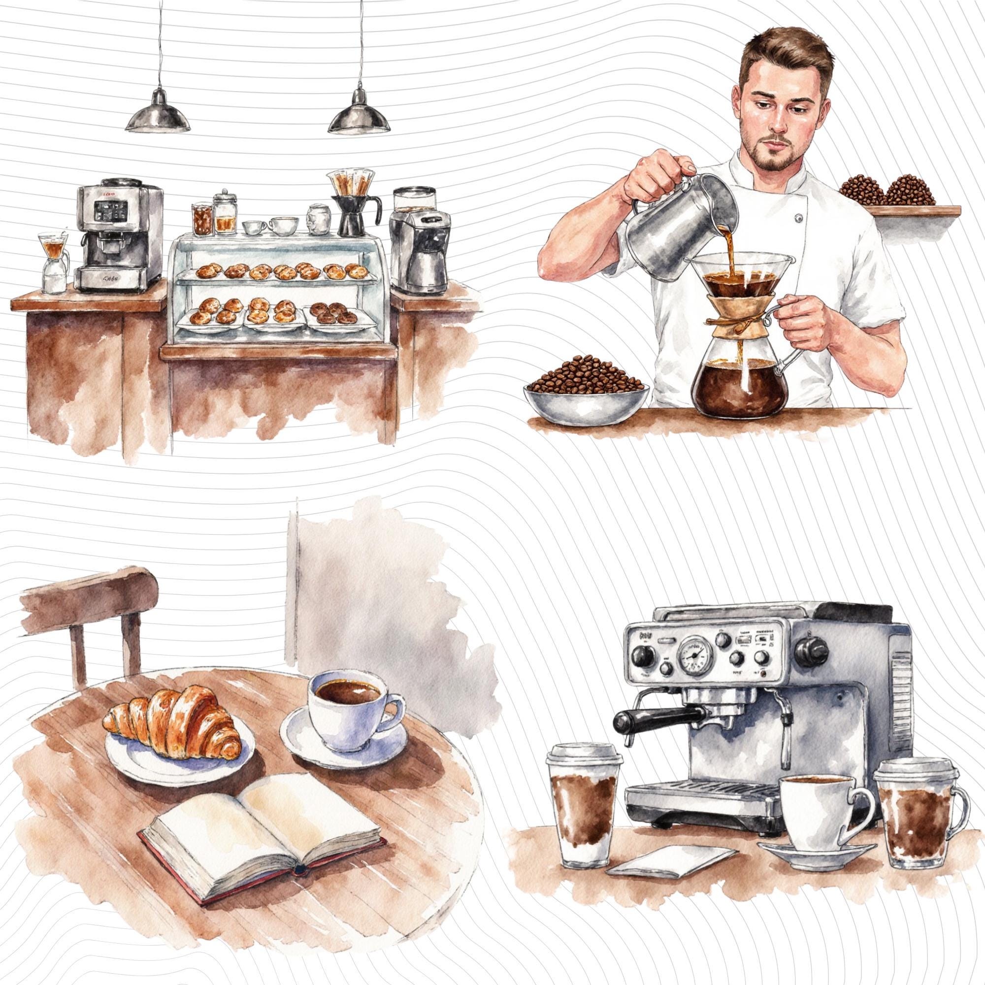 29  Barista Watercolor Clipart Set |Coffee Shop Scenes, Barista Characters|PNG Transparent Background