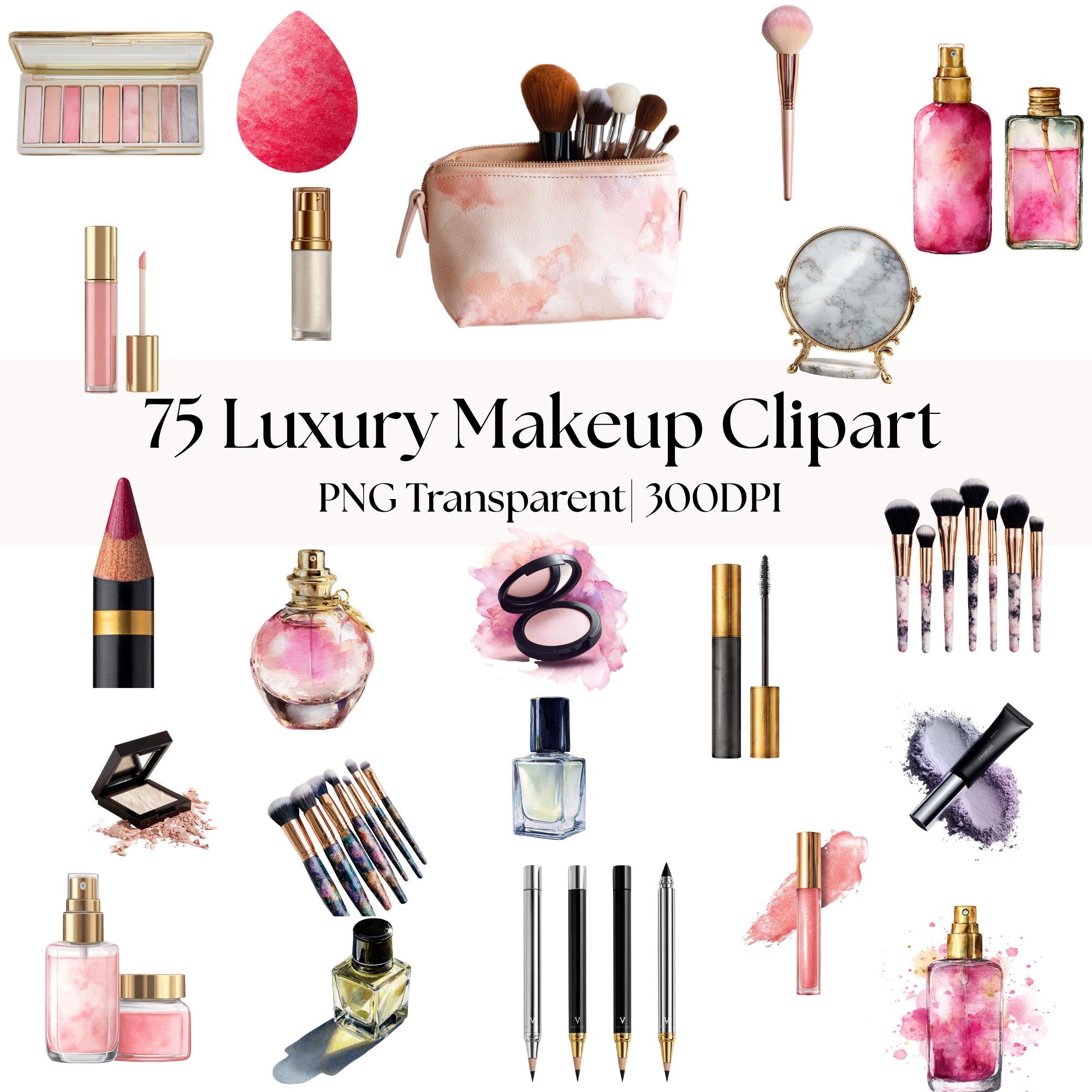 75 Watercolor Makeup Clipart Set: Cosmetic Illustrations ( Transparent PNG )
