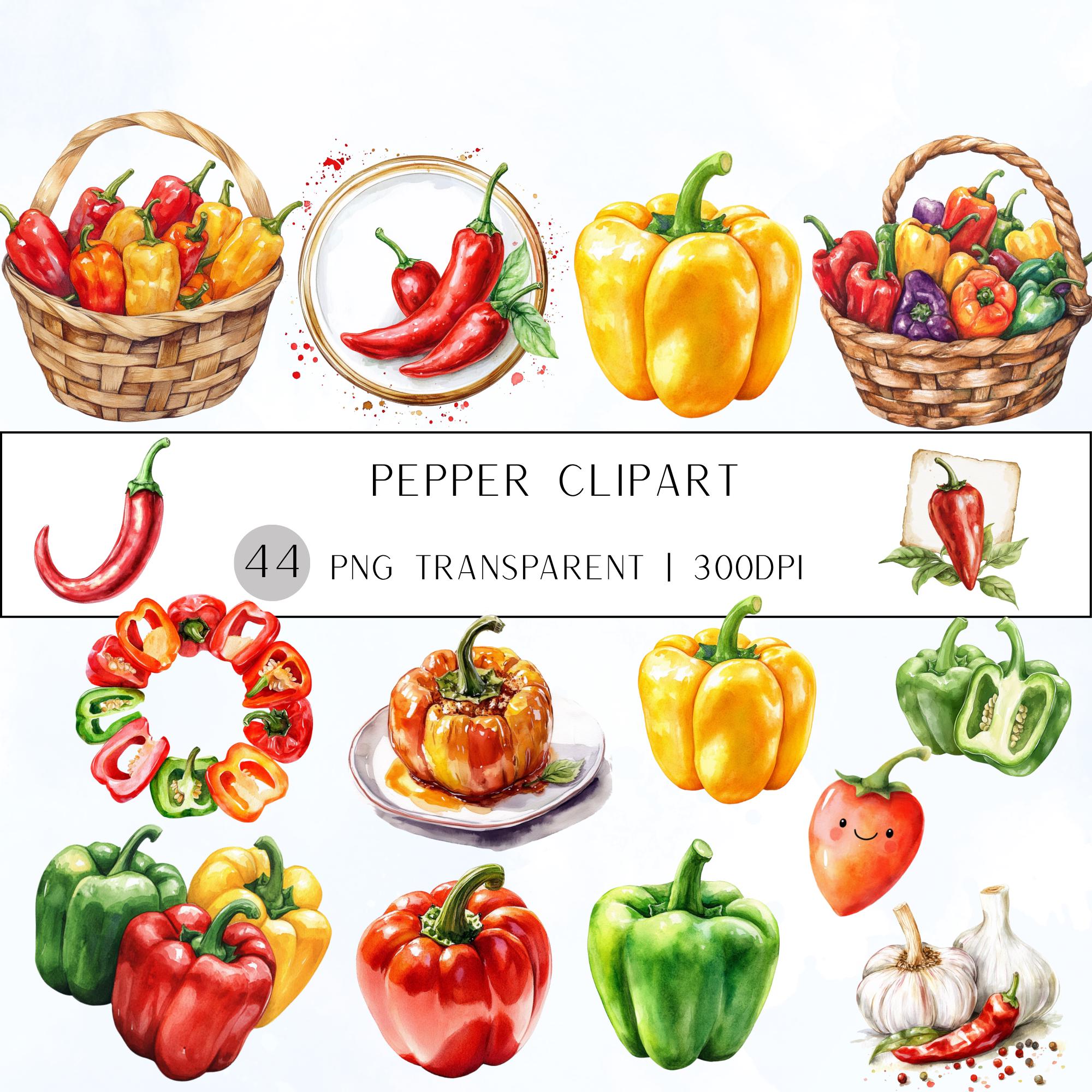 44 Watercolor Bell Pepper Clipart Bundle: Red, Green, Yellow (Transparent PNG)