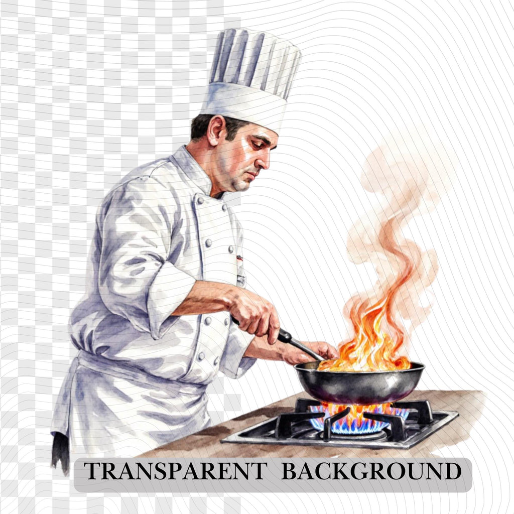 39 Professional Chef Watercolor Clipart Set | PNG Transparent Background Illustrations