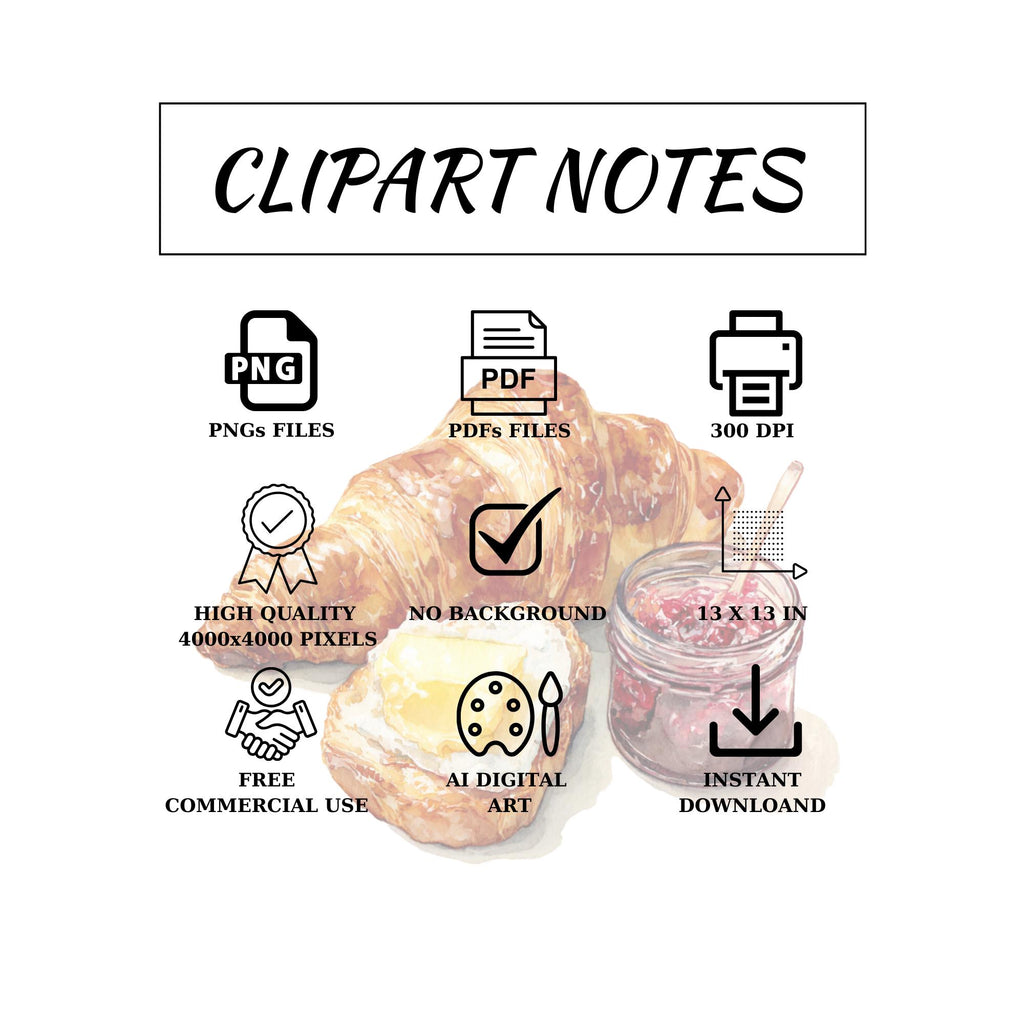 20 Breakfast Clipart | Croissant, Pancakes, Waffles, Coffee & Tea, Avocado Toast | PNG Transparent