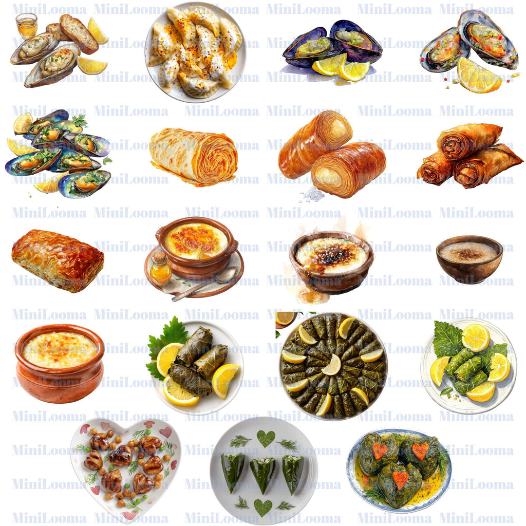112 Watercolor Turkish Food Clipart Bundle: Mediterranean Cuisine (PNG Transparent)