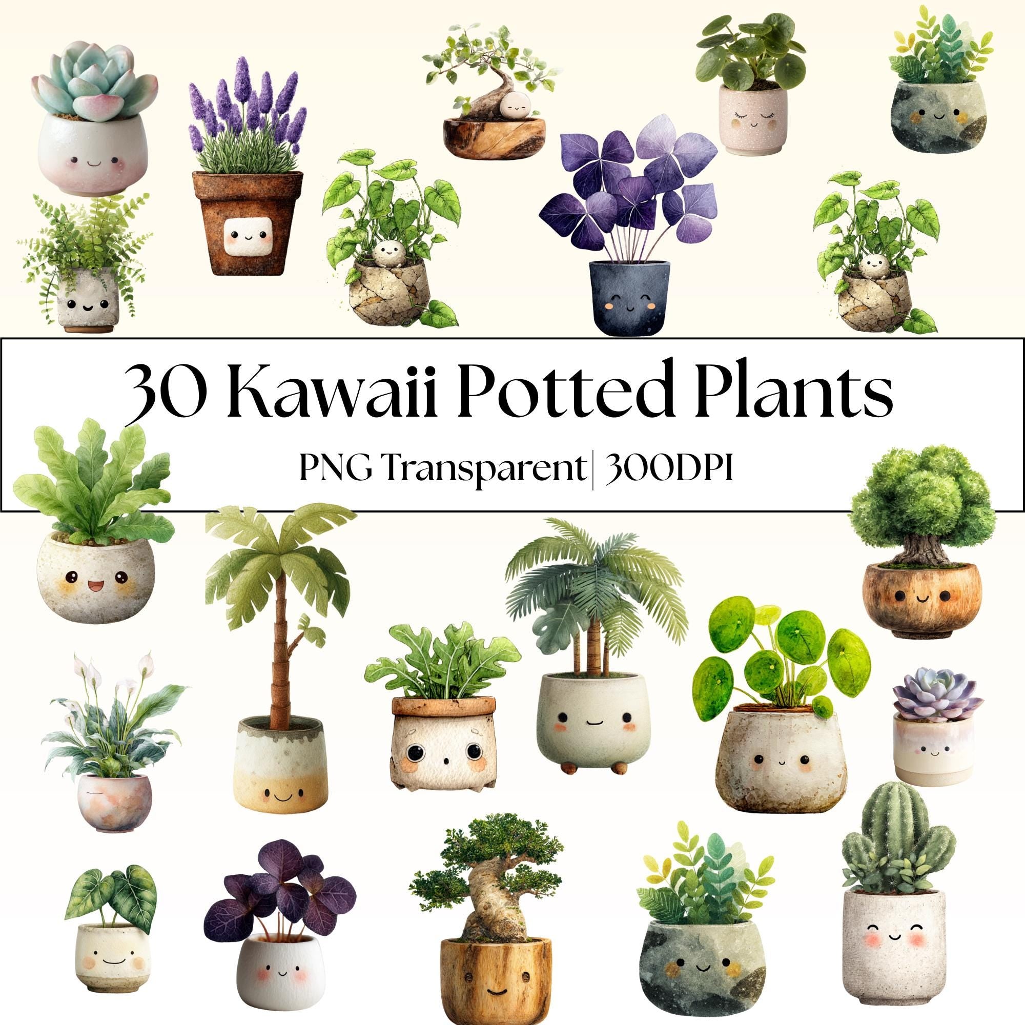 30 Kawaii Potted Plants Clipart Bundle: Watercolor Succulents, Cactus, Bonsai (PNG Transparent)