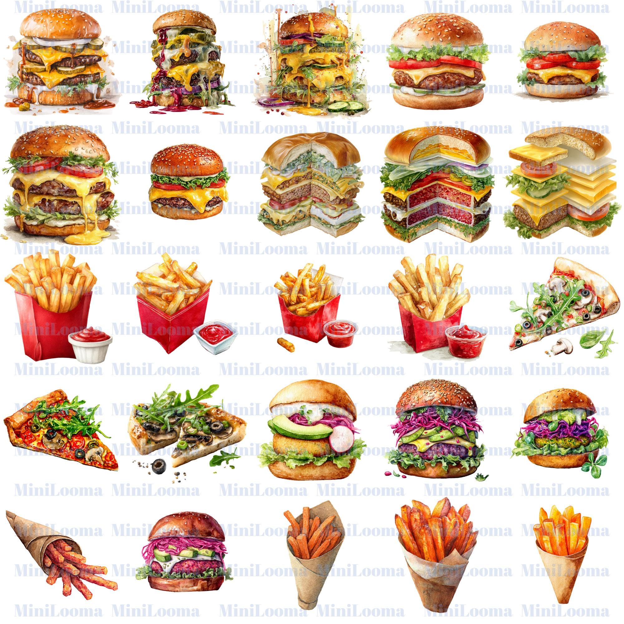 112 Watercolor Fast Food Clipart Bundle: Burger, Fries, Pizza ( Transparent PNG )