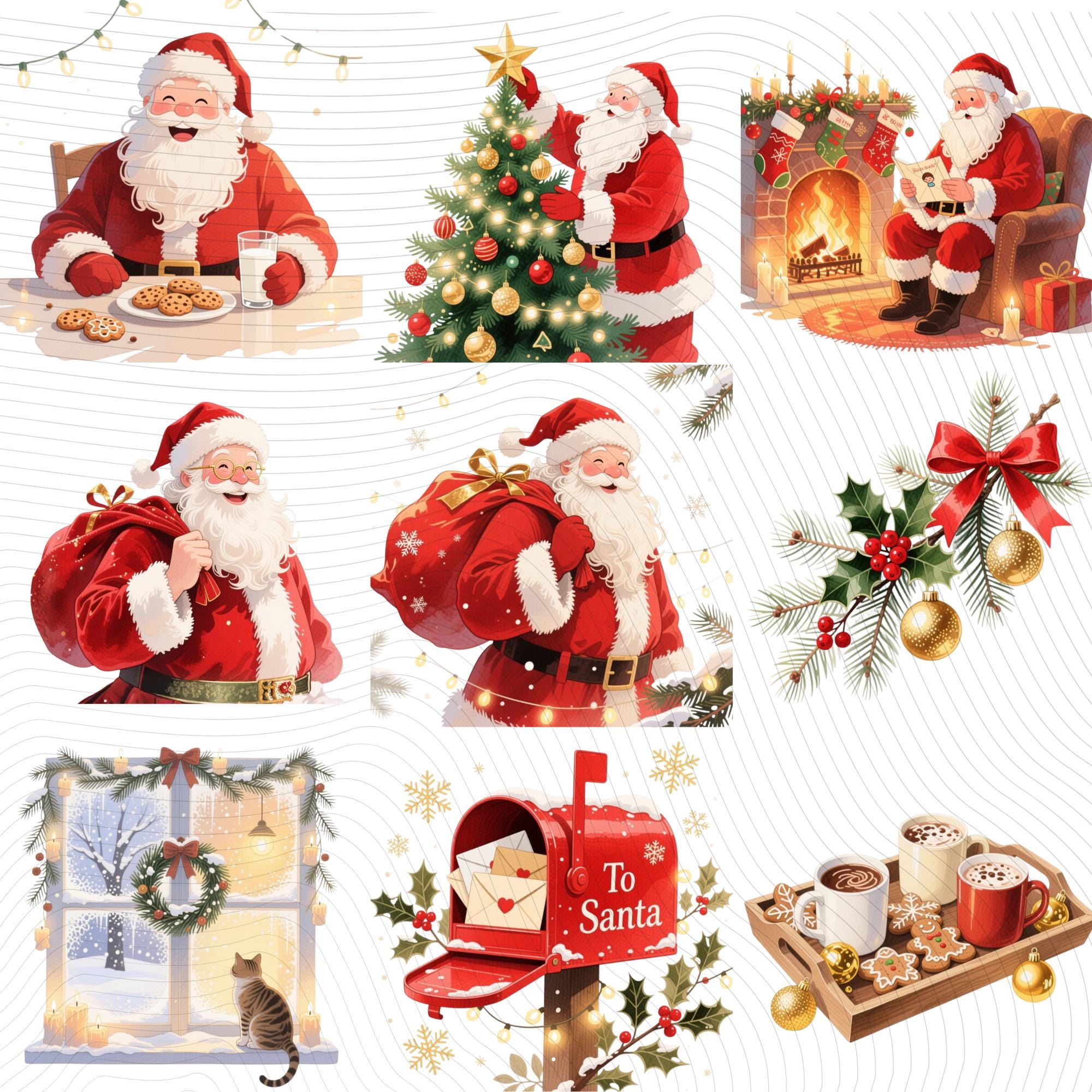 21 Santa Watercolor Clipart Bundle |Transparent Background PNG Illustrations