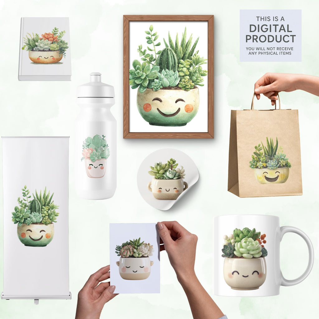 20 Watercolor Succulent Clipart Set: Kawaii Garden (Transparent PNG)
