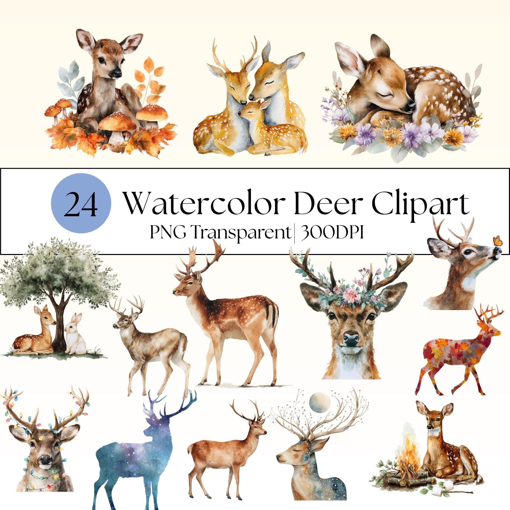 24 Watercolor Deer Clipart Set: Woodland Animals, Christmas Reindeer (Transparent PNG)
