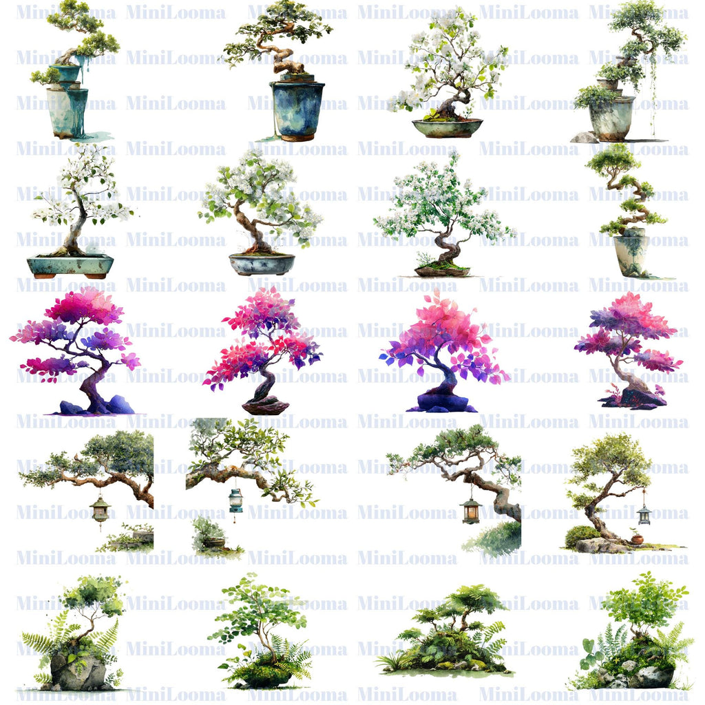 120 Watercolor Bonsai Tree Clipart Bundle: Japanese Garden Art (Transparent PNG)