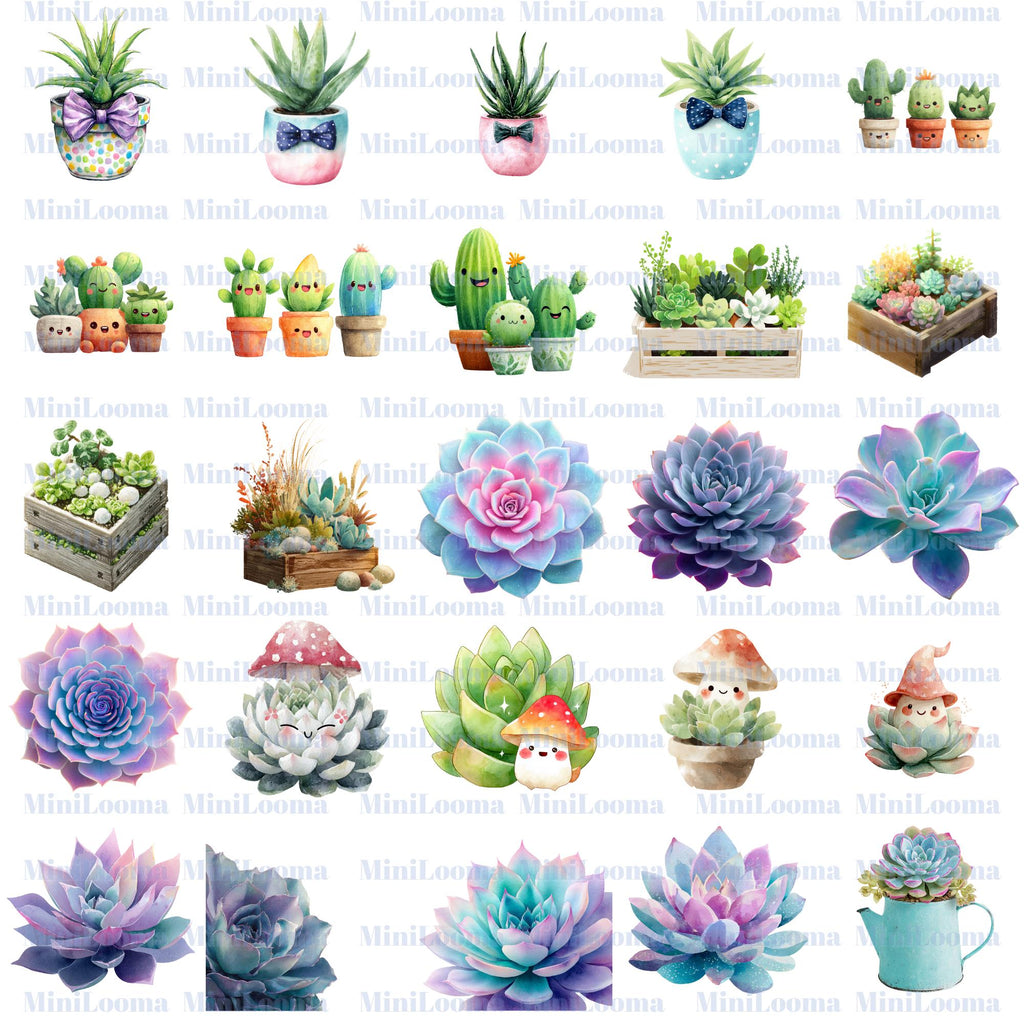 80 Kawaii Succulent - Cactus Clipart Bundle: Watercolor Plant Stickers (Transparent PNG)