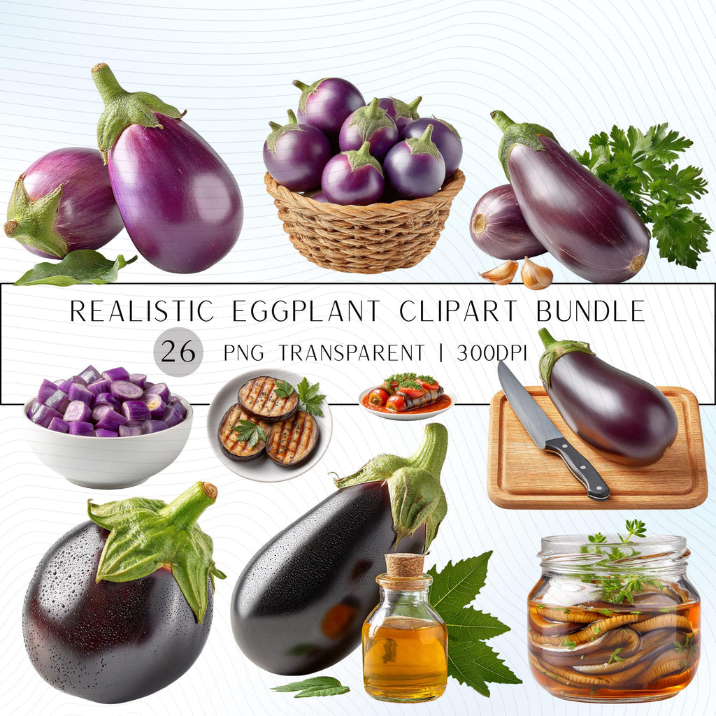27 Realistic Eggplant Clipart Bundle| PNG Transparent Background