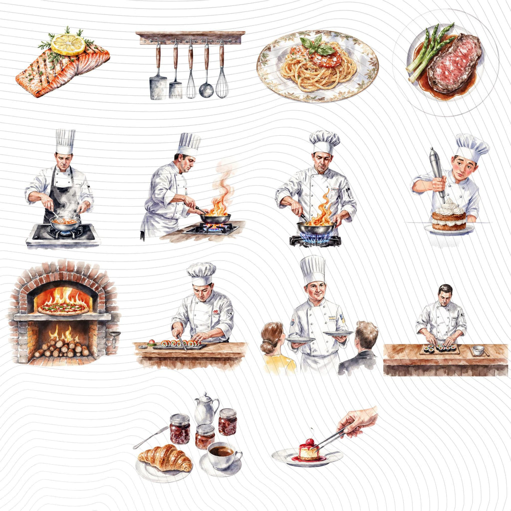 39 Professional Chef Watercolor Clipart Set | PNG Transparent Background Illustrations