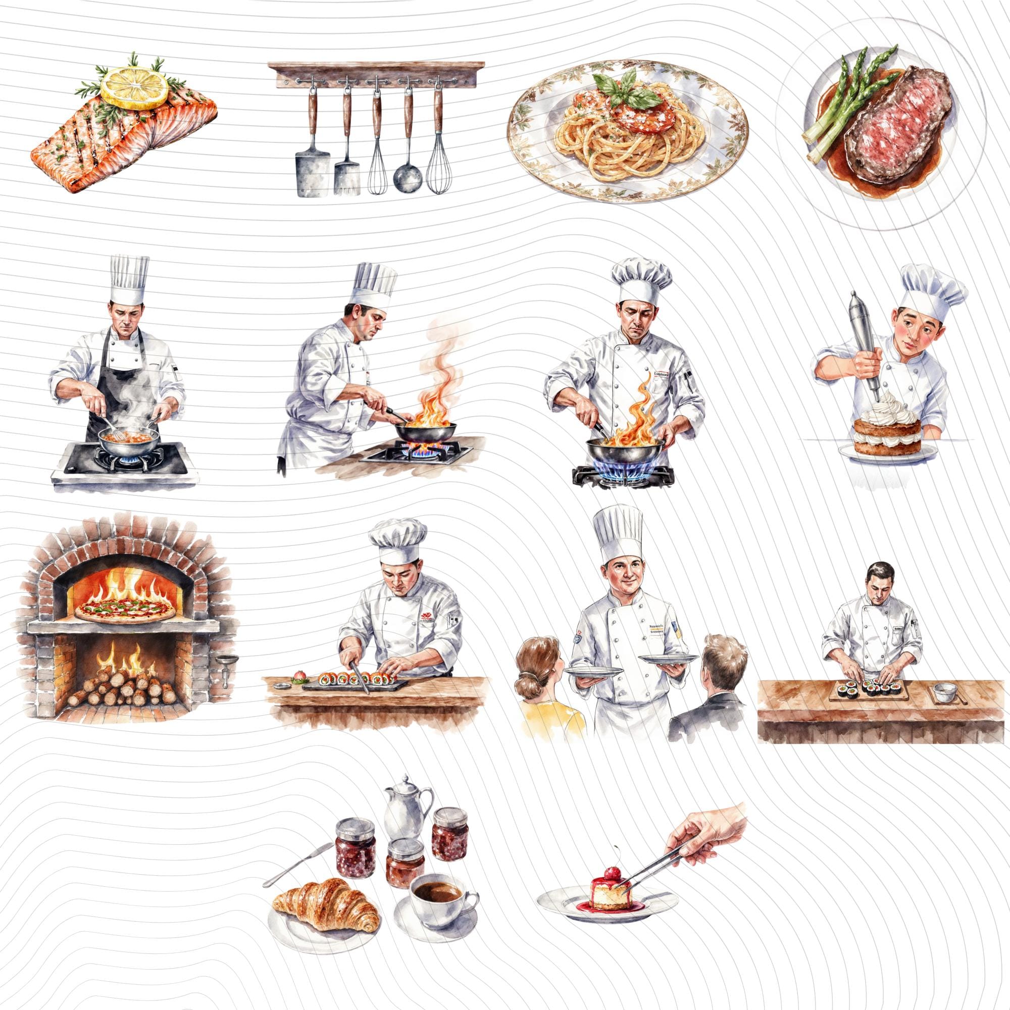 39 Professional Chef Watercolor Clipart Set | PNG Transparent Background Illustrations