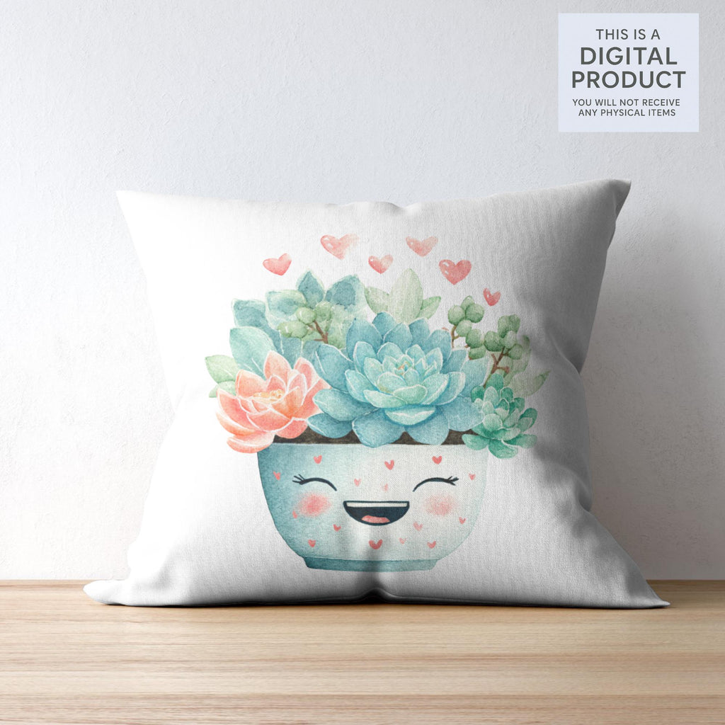 24 Emotional Succulent Faces-Watercolor Kawaii Succulent Pot| Happy, Sleepy, Surprised & More|PNG Transparent| 300DPI