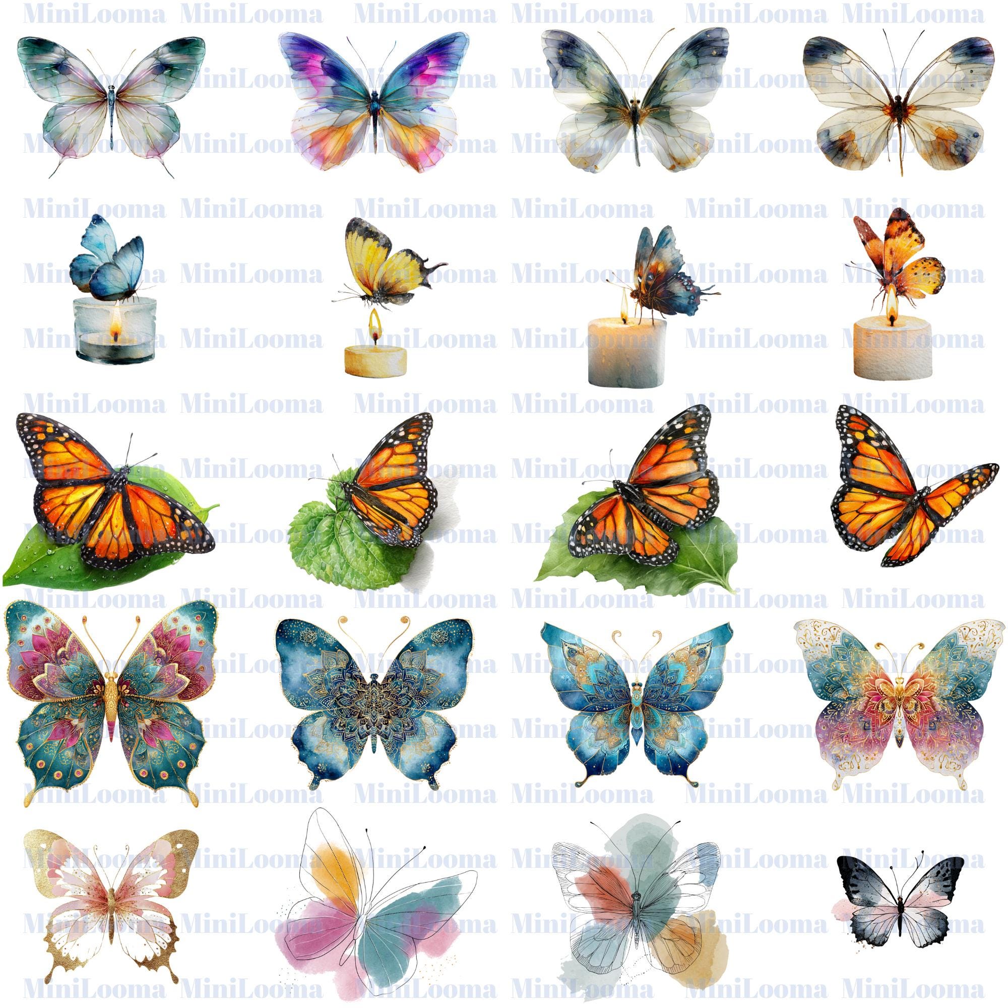 118 Watercolor Butterfly Clipart Bundle|Unique Fantasy & Realistic Butterflies |PNG Transparent Background