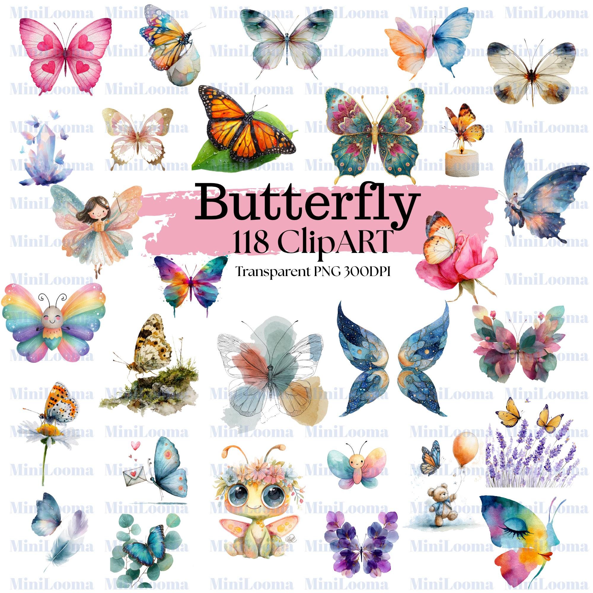 118 Watercolor Butterfly Clipart Bundle|Unique Fantasy & Realistic Butterflies |PNG Transparent Background