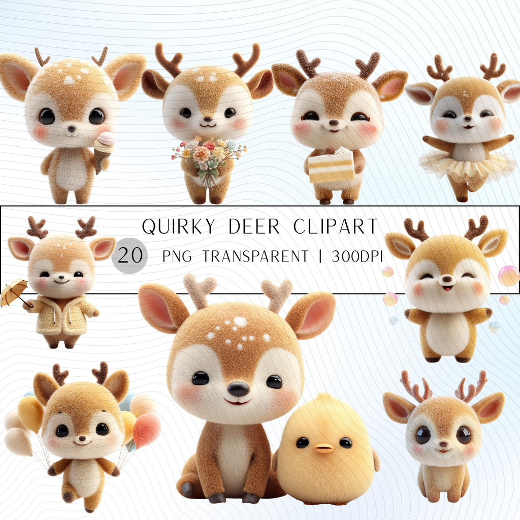 20 Quirky Deer Clipart Set | Funny Characters PNG Transparent Background| 300DPI