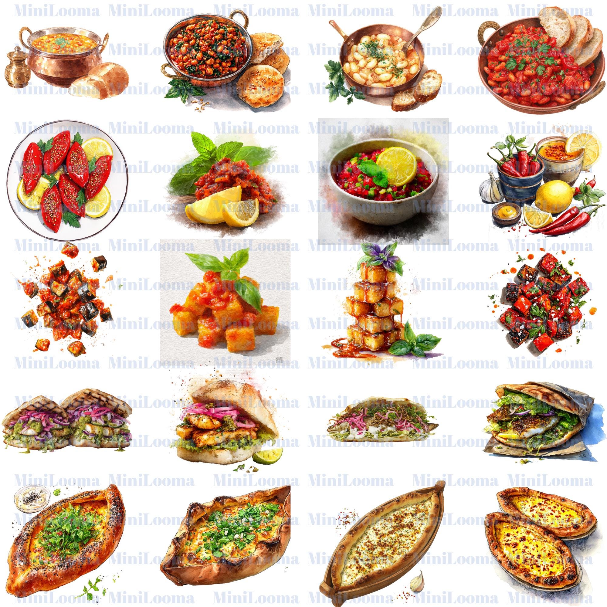 112 Watercolor Turkish Food Clipart Bundle: Mediterranean Cuisine (PNG Transparent)