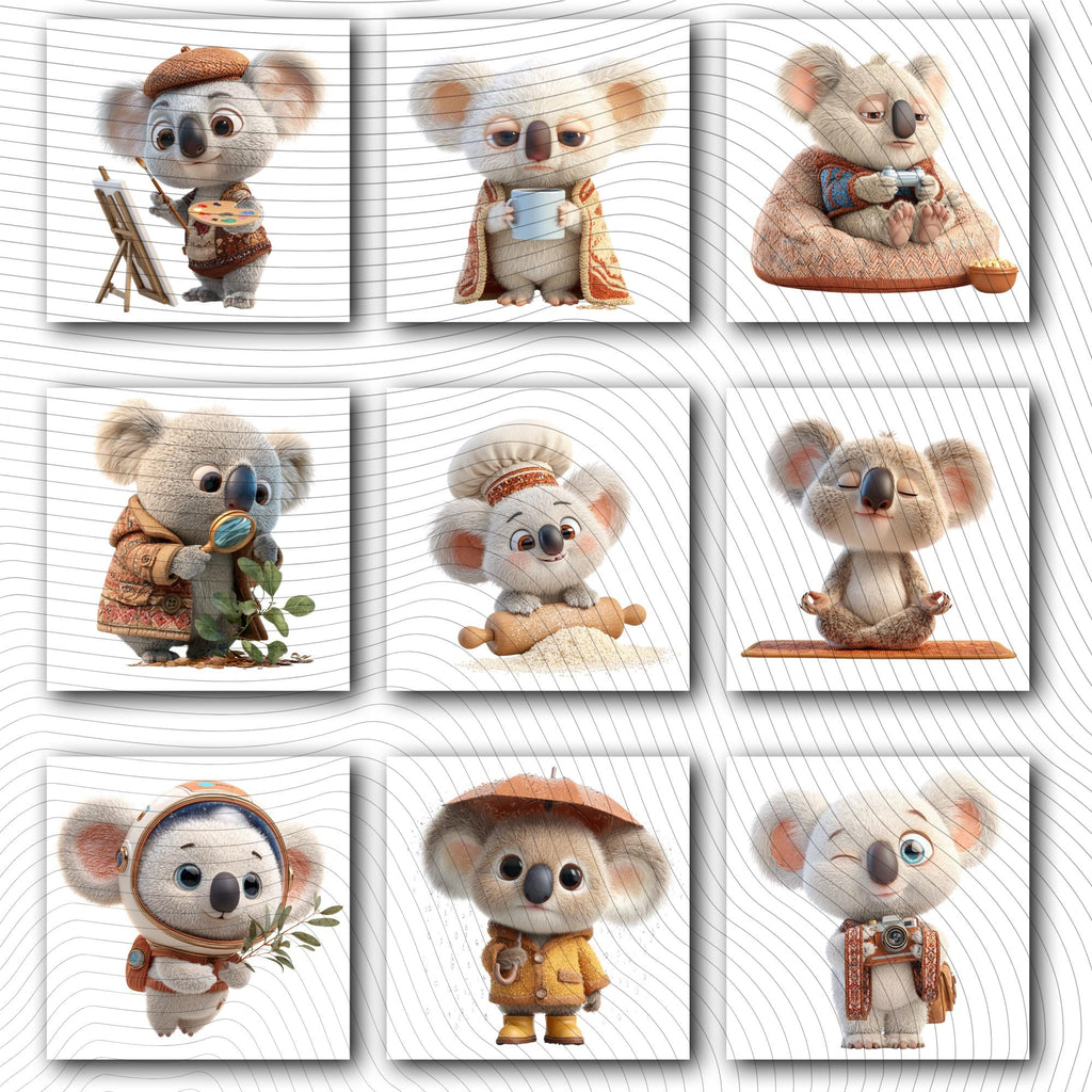 20 Quirky Koala Clipart Set | Funny Characters PNG Transparent Background| 300DPI