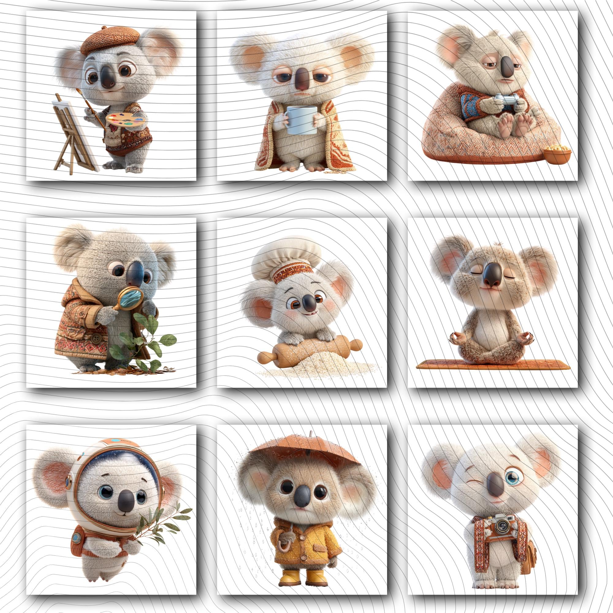 20 Quirky Koala Clipart Set | Funny Characters PNG Transparent Background| 300DPI