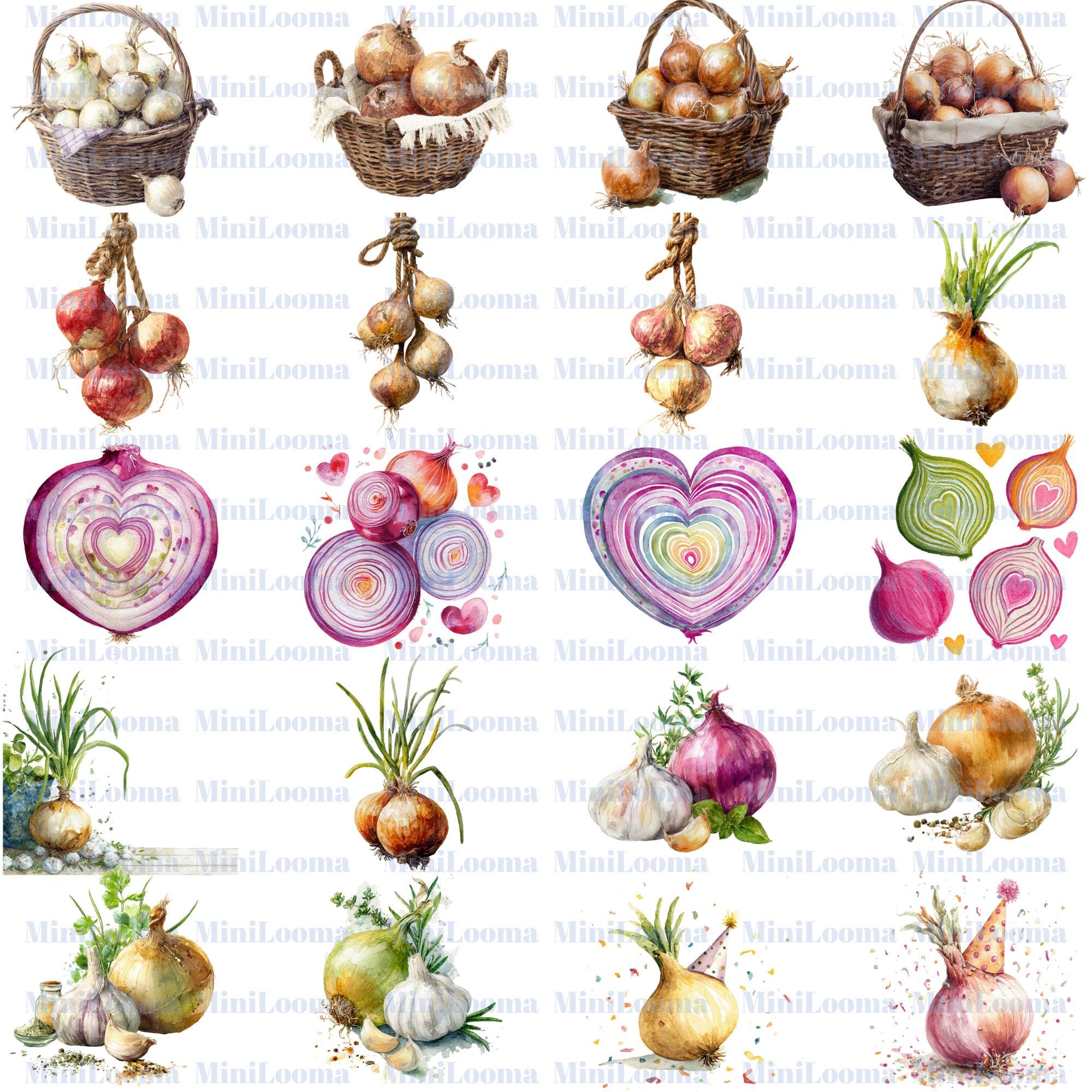113 Watercolor Onion Clipart Bundle: Red, Yellow, Sliced Onions (Transparent PNG )