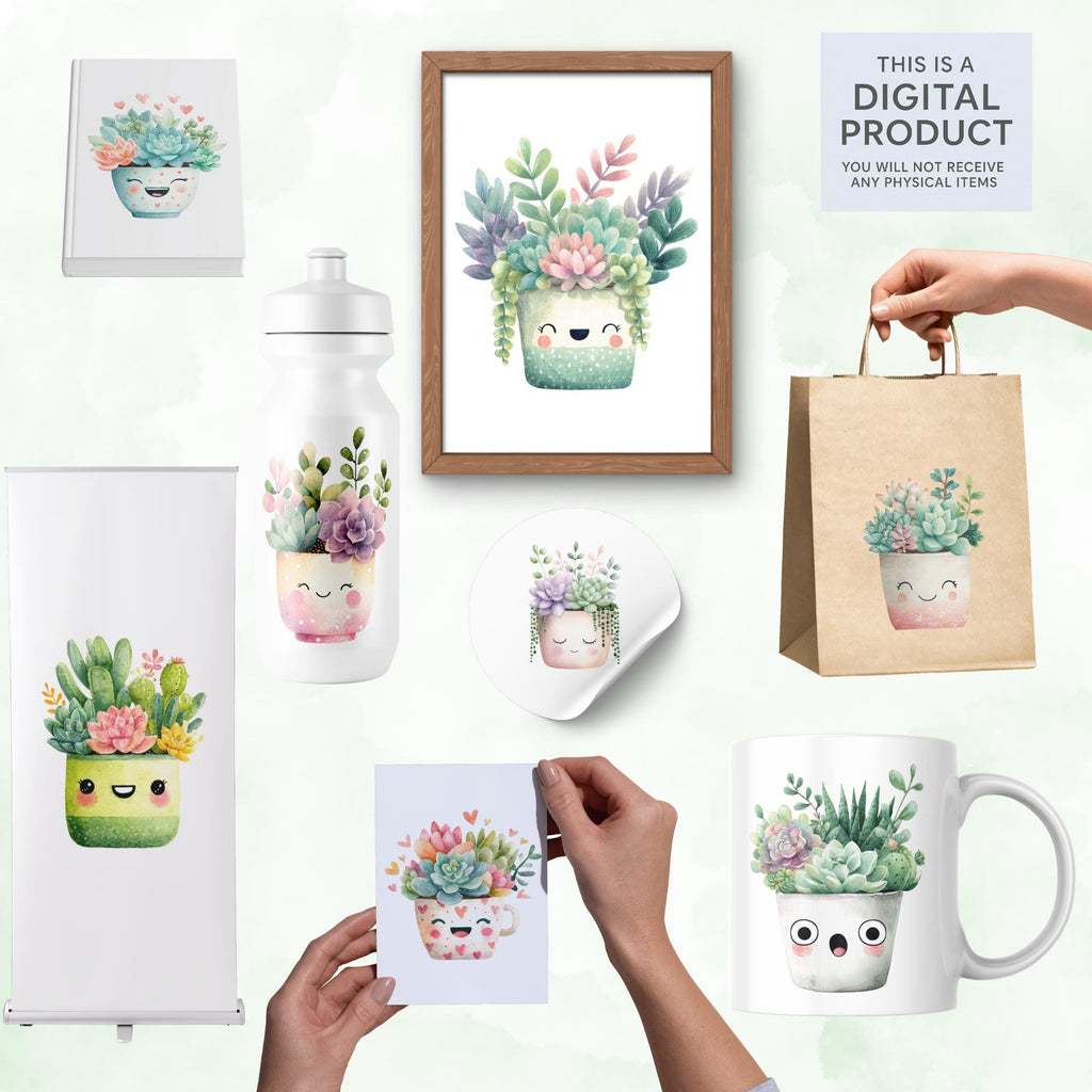 24 Emotional Succulent Faces-Watercolor Kawaii Succulent Pot| Happy, Sleepy, Surprised & More|PNG Transparent| 300DPI