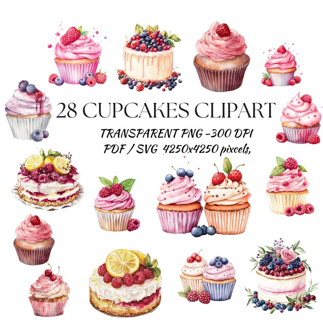 28 CupCake Clipart |Sweet Bakery Illustration| PNG Transparent Background