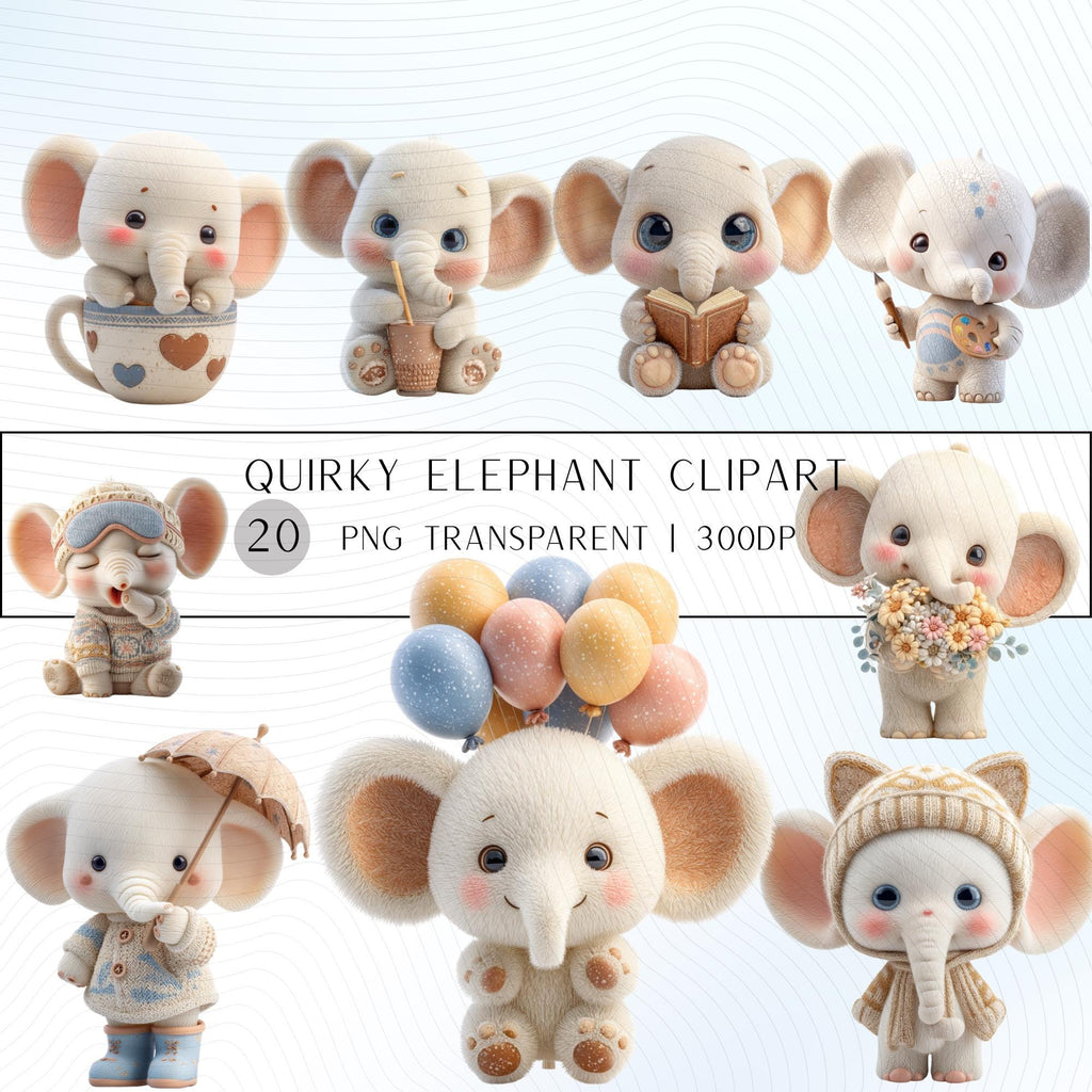 20 Quirky Elephant Clipart Set | Funny  Characters PNG Transparent Background| 300DPI