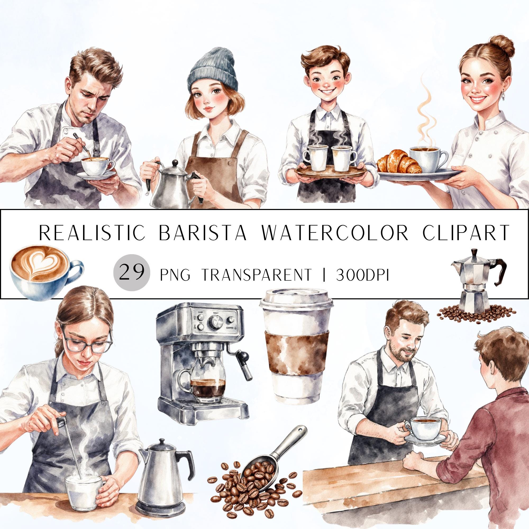 29  Barista Watercolor Clipart Set |Coffee Shop Scenes, Barista Characters|PNG Transparent Background