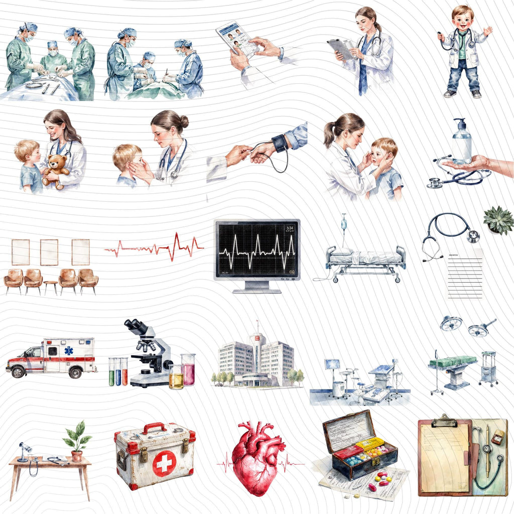 56 Doctor Profession Watercolor Clipart Set | Realistic Medical PNG | Transparent Background